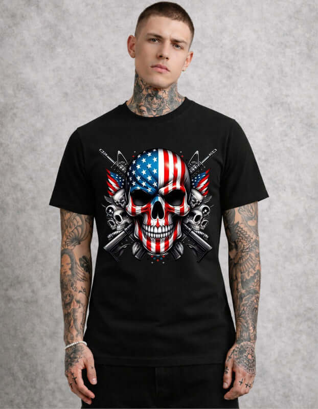 Тениска със щампа на череп и американския флаг