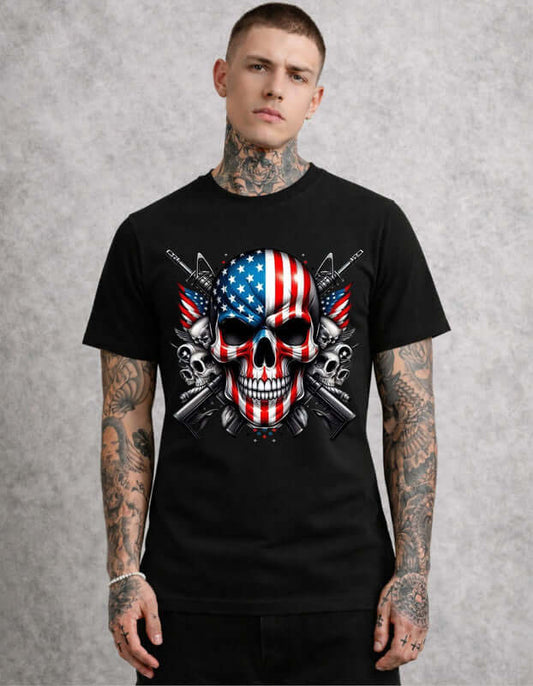 Тениска със щампа на череп и американския флаг
