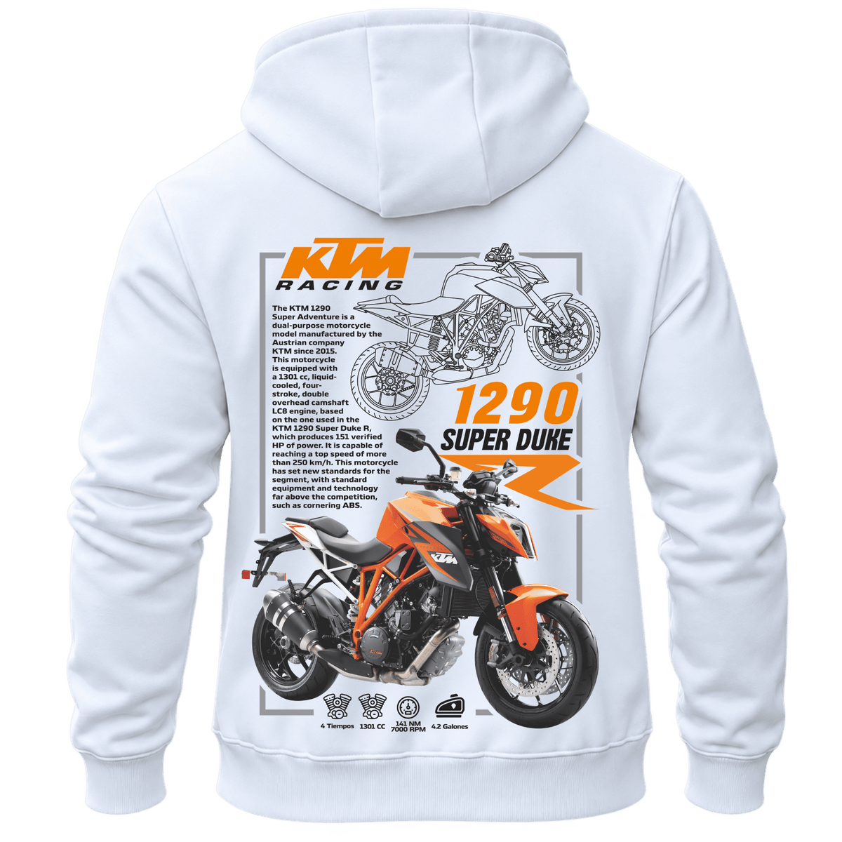 Суитчър KTM 1290 Super Duke Racing – KM26-004, бял, изглед отзад